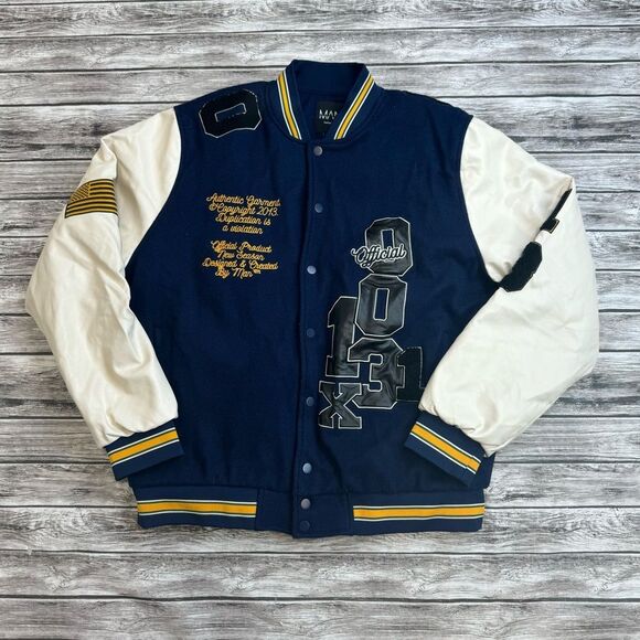 boohooMAN Men's Letterman Style Jacket Coat XL Extra Large Blue Cream Snap Lined - Picture 1 of 16